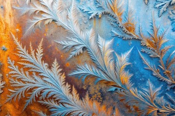 Intricate Frost Patterns on a Rustic Surface A Study in Blue, Orange, and White