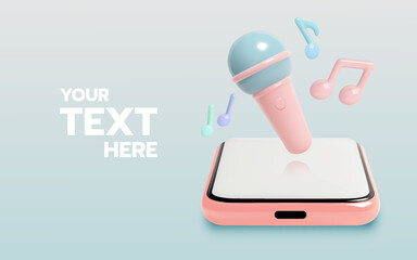3D Pastel Microphone Bursting from Smartphone with Floating Music Notes Illustration