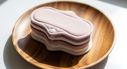 Reusable cloth pads stacked on wooden plate, eco-friendly