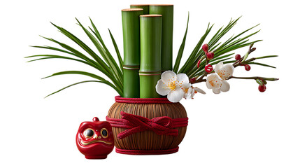 Traditional japanese new year decoration with bamboo plum blossoms and a red daruma doll isolated on transparent background