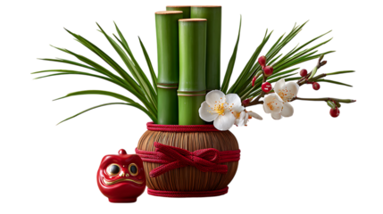 Traditional japanese new year decoration with bamboo plum blossoms and a red daruma doll isolated on transparent background