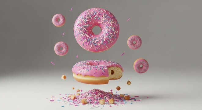 Floating donuts with pink icing and sprinkles in a dynamic composition
