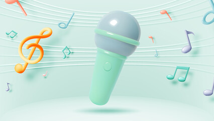 Pastel 3D Microphone Surrounded by Colorful Musical Notes and Curved Music Staff Lines