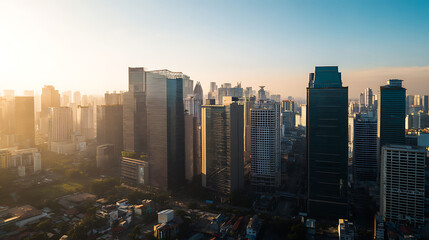 Aerial cityscape of modern downtown during golden hour with dramatic sunset and shadows