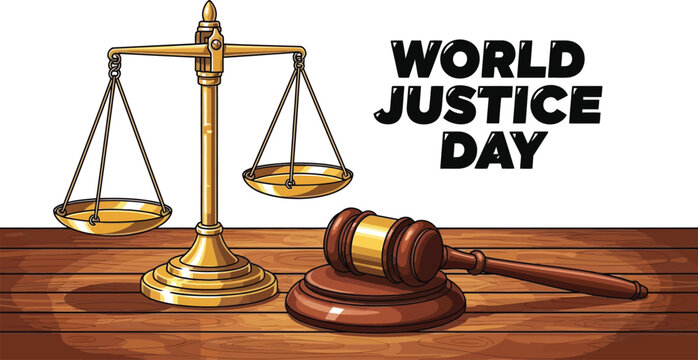 Illustration of world justice day with scales of justice and gavel on a wooden surface design
