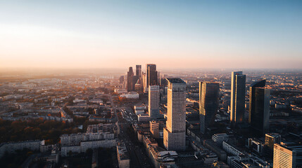 Aerial cityscape of modern downtown during golden hour with dramatic sunset and shadows