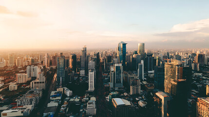 Aerial cityscape of modern downtown during golden hour with dramatic sunset and shadows