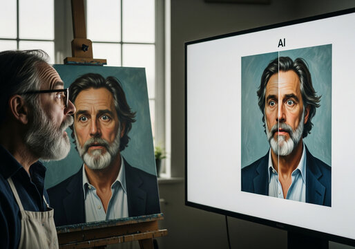 Artist Comparing Traditional Painting with AI-Generated Portrait