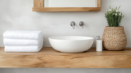 Fototapeta premium Modern bathroom counter with white bowl, towels, and decorative plant