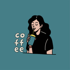Women sit on coffee. Hand drawn. Illustrations. Logo