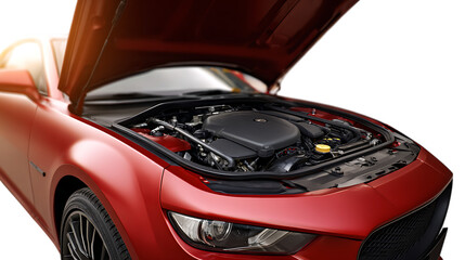 Detailed view of a red sports car engine compartment with the hood open isolated on transparent background