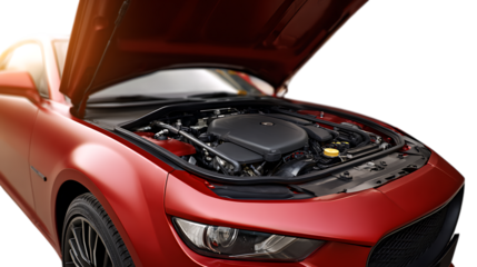 Detailed view of a red sports car engine compartment with the hood open isolated on transparent background