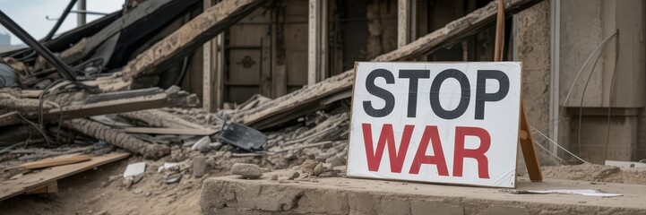 A sign reading "Stop War" sits amidst rubble.