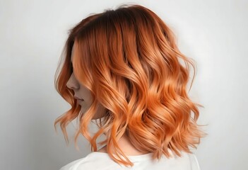 Fototapeta premium Woman with Wavy Copper Hair Style on Neutral Background