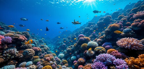 Obraz premium Underwater coral reef near Neil Island, vibrant marine life with colorful fish, sea turtles, and soft corals glowing in crystal-clear blue water — vivid aquatic scene.