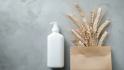 White pump bottle beside wheat stalks in brown paper bag on gray surface