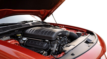 Close up view of a powerful red car engine with the hood open isolated on transparent background