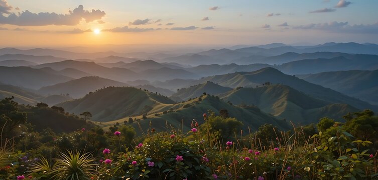  Golden sunset view from Raja&rsquo;s Seat, overlooking the rolling Coorg hills blanketed in green, flowers blooming in the foreground, distant valley bathed in orange light &mdash; romantic hilltop landscape, wa