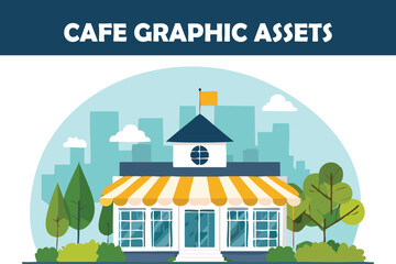 Flat vector illustration showcasing an outdoor terrace cafe with tables and striped awning at sunset. Ideal for event flyers and hospitality visuals.