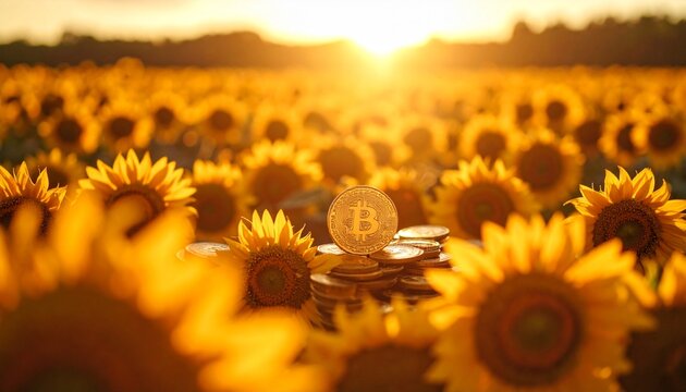 Bitcoin coin nestled amidst sunflowers at golden sunset, symbolizing cryptocurrency and nature's bounty.