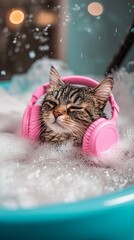 Cat in tub with pink headphones.