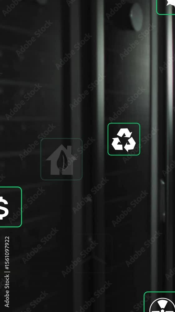 Poster animation of eco icons and data processing over computer servers