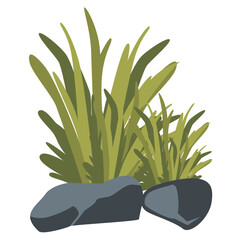 2D illustration of tall spiky green plants growing between gray rocks, ideal for nature backgrounds, landscape design, or game environment.