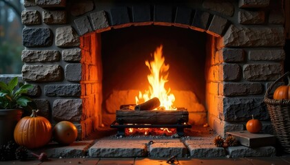 Cozy and inviting crackling fireplace hearth, glowing embers, rustic stone surround, warm light, perfect for autumn or winter scenes , texture, smooth