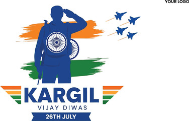 Kargil vijay diwas poster with soldier silhouette, indian flag, and fighter jets on white background