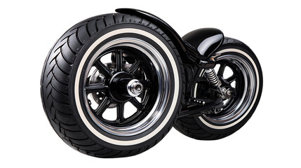 Close up of a custom black bobber motorcycle rear wheel and suspension with whitewall tires isolated on transparent background