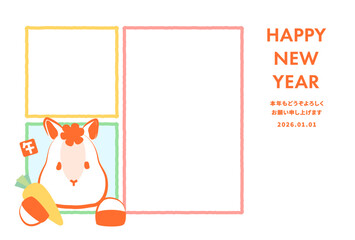 かわいい白馬が窓から顔を出しているシンプルな2026年午年フォト年賀状　白背景