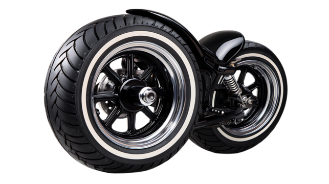 Close up of a custom black bobber motorcycle rear wheel and suspension with whitewall tires isolated on transparent background
