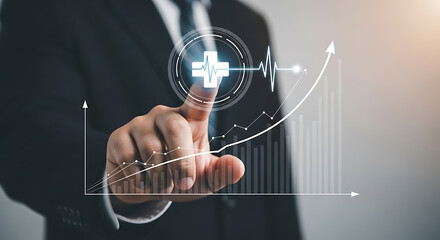 Man touching health icon on screen, displaying growth, digitally.