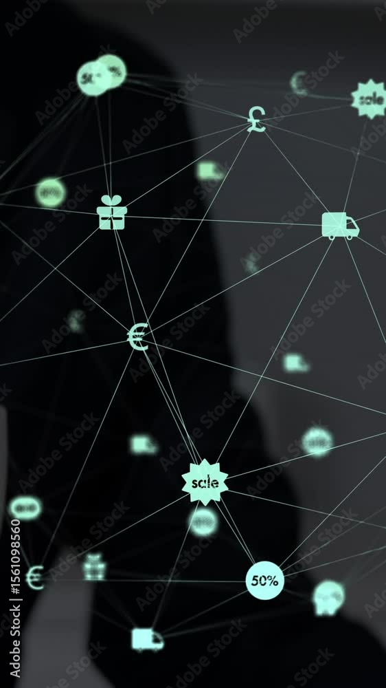 Wall mural animation of network of connections with icons over men using smartphone