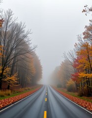 Obraz premium A wet, empty road stretches into dense fog surrounded by autumn trees with colorful leaves in shades of red, orange, and yellow.