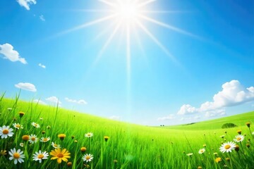 Serene summer scene featuring a radiant halo of sunlight above lush green grass, wildflowers, and a clear blue sky Perfect for idyllic, peaceful, or spiritual themes , serenity, carefree