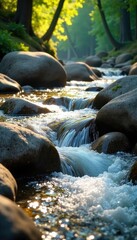 Smooth, rounded river rocks tumbling in a sparkling stream, sunlight dappling the water's surface Nature's artistry on display in a tranquil scene , landscape, erosion, rapids