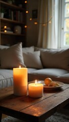 Cozy living room scene with a burning candle on a wooden table, soft light creating a warm and inviting atmosphere Perfect for home decor, relaxation, and hygge themes , vintage, stillness, home