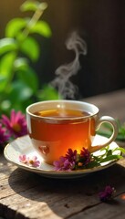 A steaming cup of herbal tea, accompanied by fresh herbs and flowers, evokes feelings of tranquility and inner peace Perfect for wellness, detox, and relaxation themes , self-care, steam
