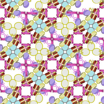Festive seamless pattern of presents, balloons, and candy perfect for holiday designs like cards, gift wrap, and party decorations.