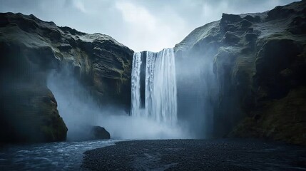 Majestic waterfall cascading down rocky cliffs.