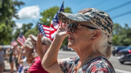 Patriotic senior woman saluting the American flag on Memorial Day