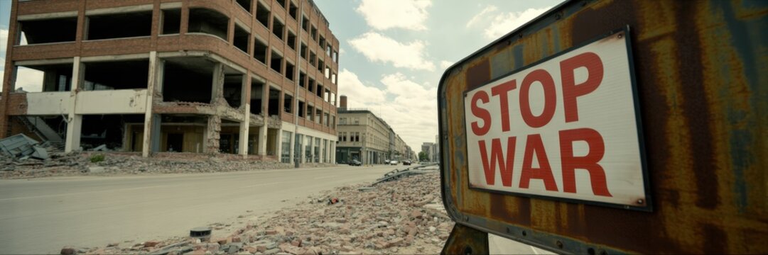 Desolate urban street scene with a stop war sign.
