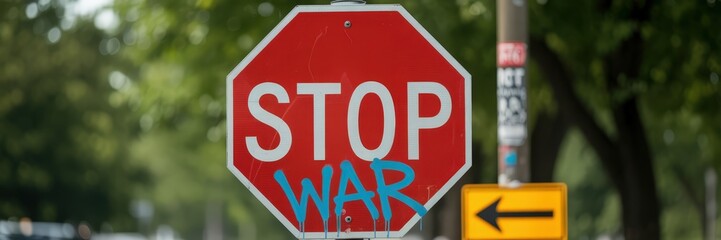 Stop war sign in urban setting.