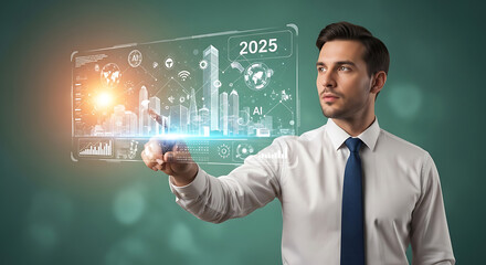 Man visualizing future cityscape, futuristic technology, innovative.