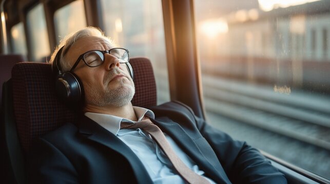 Senior businessman relaxing during train journey with headphones on