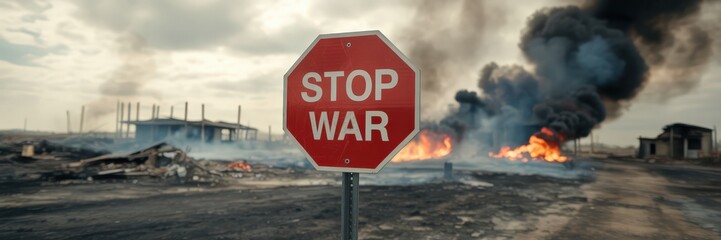 Stop war sign amidst destruction.