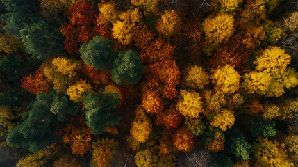 Aerial drone shot of colorful autumn forest with orange and yellow tree canopy