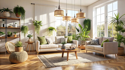 Light Filled Living Room Interior With Woven Textures and Soft Lighting
