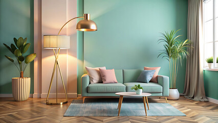 Living Room Interior With Sculptural Floor Lamp Cozy Seating and Art Pieces